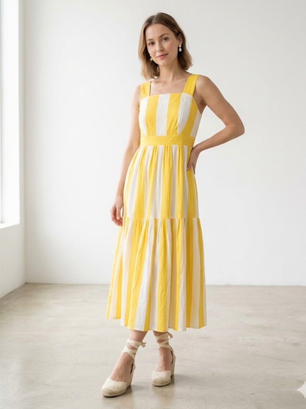 Ann Taylor Petite Yellow & White Stripe Rayon Linen Blend Midi Dress 00P